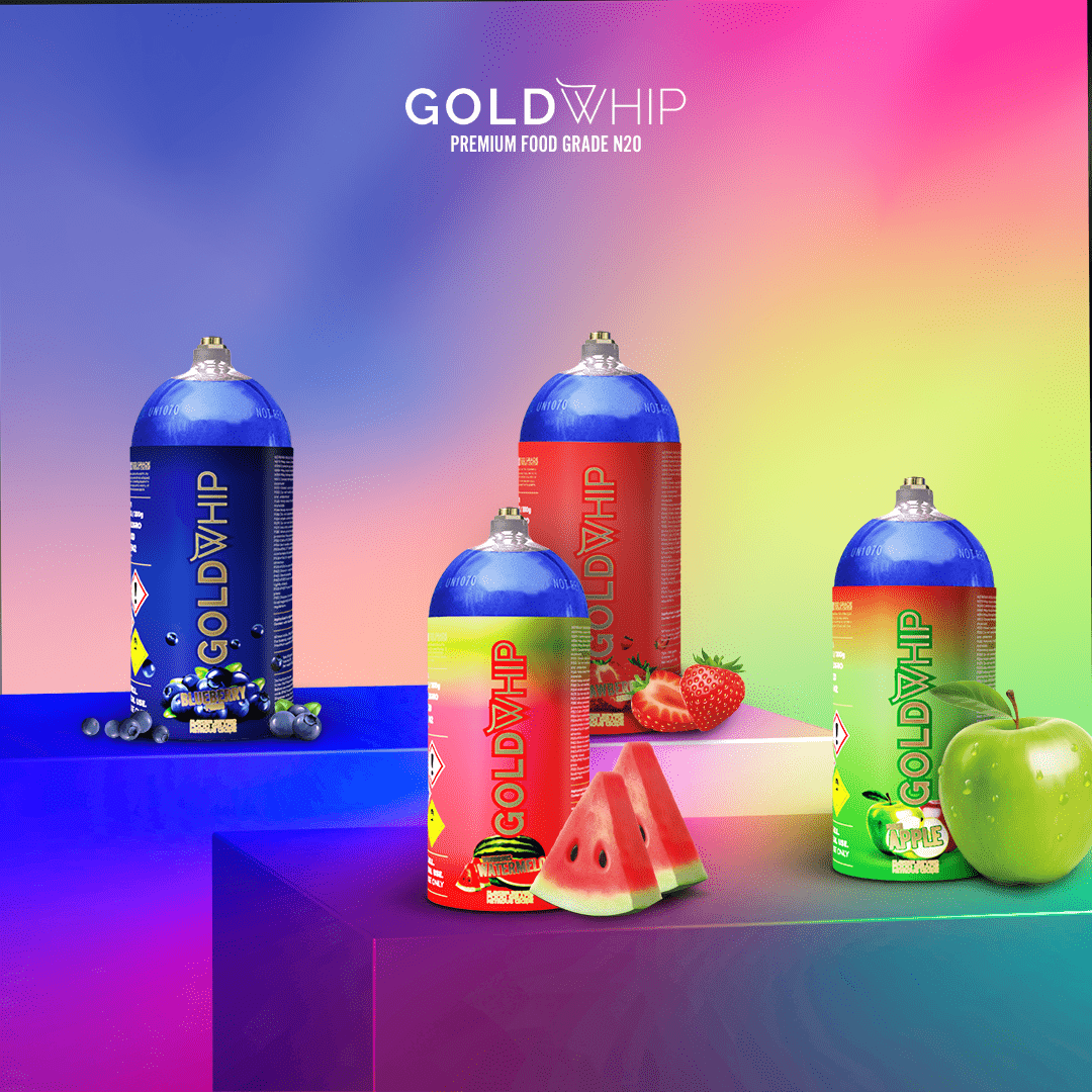 Fruit Flavoured Nitrous Oxide Mini Tanks by GoldWhip - Case of 20